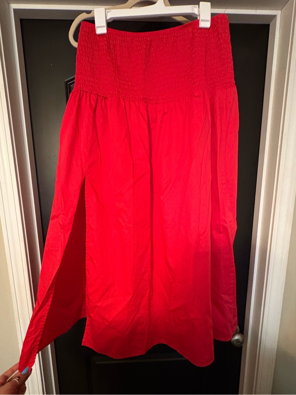 Red Smocked Waist Maxi Skirt with Slit